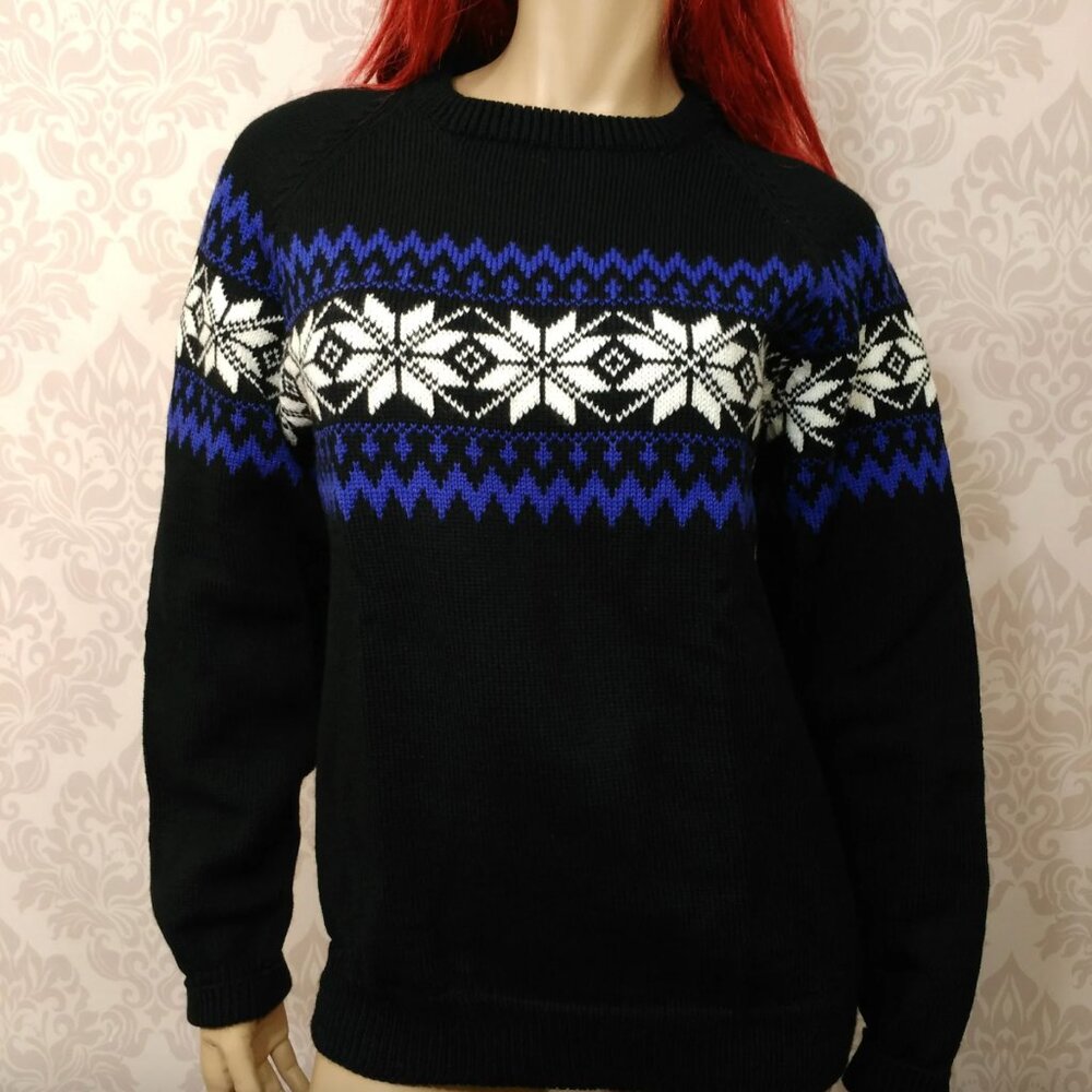 Vintage Deadstock Womens Wool Ski Sweater Black Blue White Snowflake - Size M